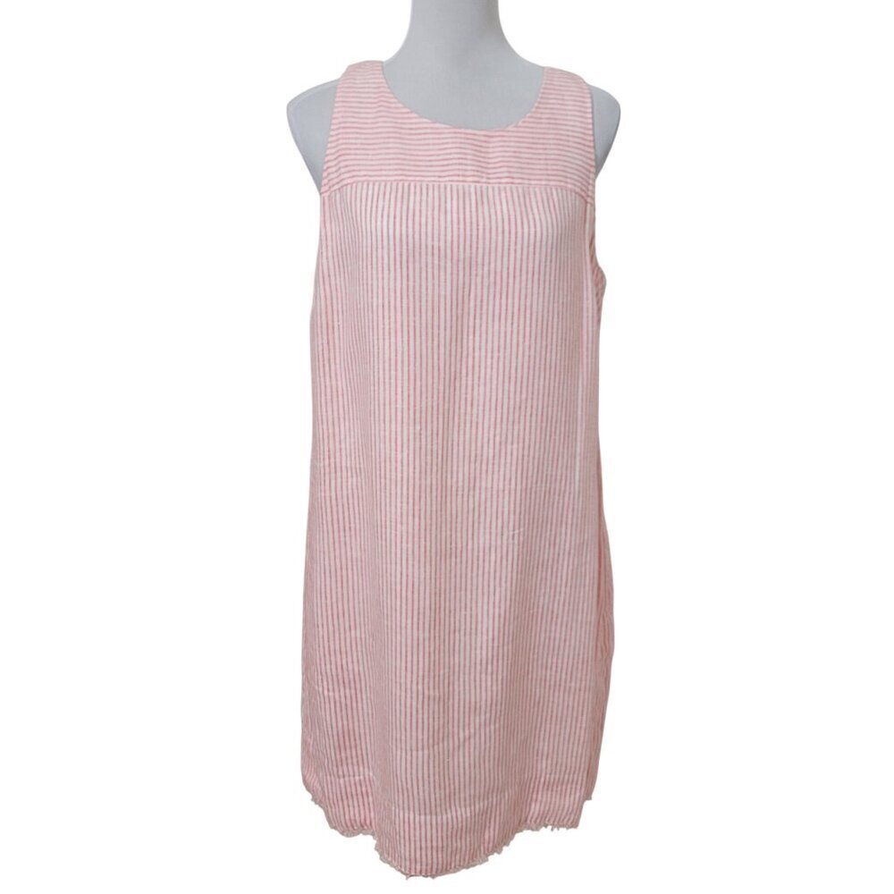 Tommy Bahama Size M Pink & White Striped Sleeveless Shift Dress, Fringe Hem, EUC